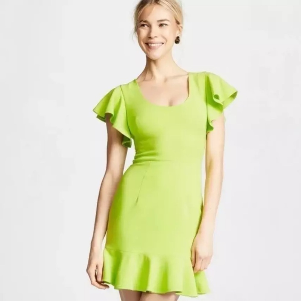 Black Halo Lynn Flutter Sleeve Ruffle Mini Dress In Lime‎ Green Women's Size 2